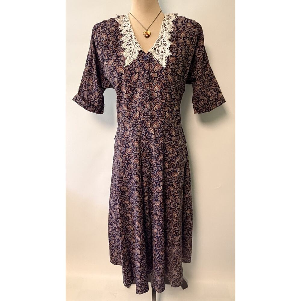 Vintage Dress Floral‎ Lace Collar Country Prairie Midi Size 8 Victorian Cottage